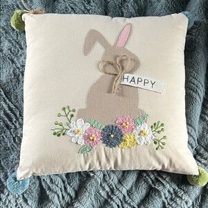 Mud Pie Cream Bunny Floral Embroidered Accent Pillow